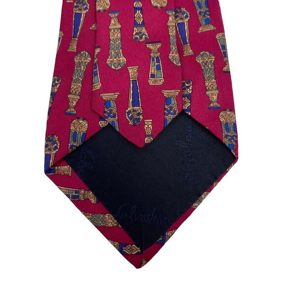 Salvatore Ferragamo Mens Tie Vases Wine Red & Blue Silk 3.5" (W) x 56.5" (L) guc - Picture 6 of 12